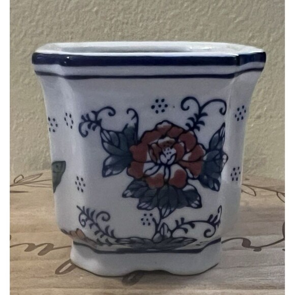 Vintage Chinoiserie Floral Butterflies Ceramic Hand Painted 4" Indoor Planter - Picture 7 of 12